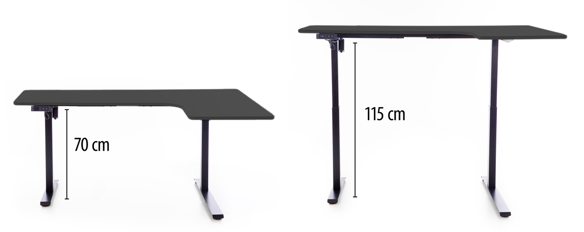 Výškovo nastaviteľný stôl UNIZDRAV 160x110 cm, čierny – pravý roh
