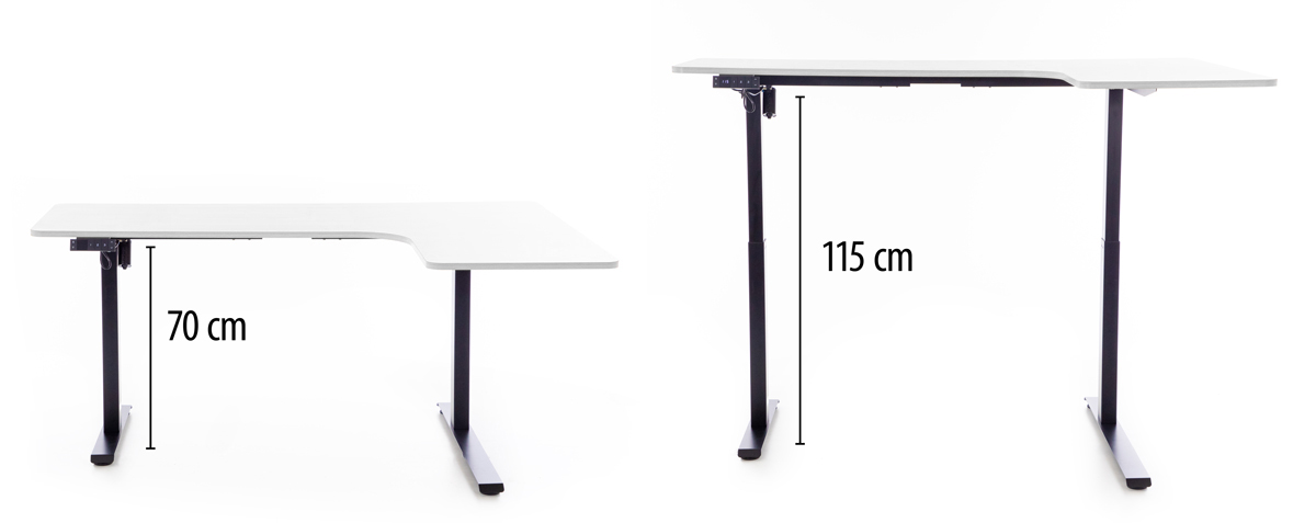 Výškovo nastaviteľný stôl UNIZDRAV 160x110 cm, biely – pravý roh