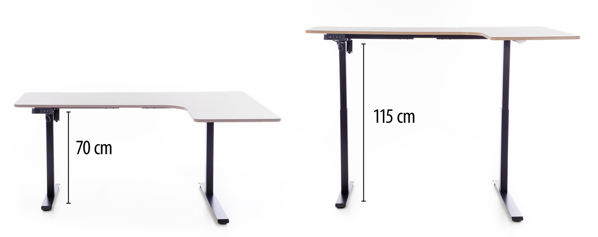 Výškovo nastaviteľný stôl UNIZDRAV 160x110 cm, sivý – pravý roh