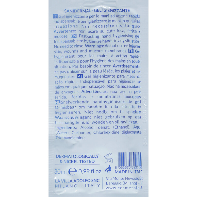 Vreckový antibakteriálny gél do kabelky Sanidermal, 30 ml