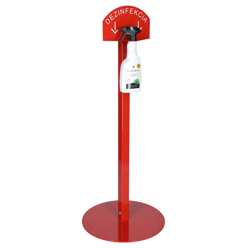 Stojan červený na dezinfekciu rúk s dezinfekčným prostriedkom DEZIMAX, 500 ml