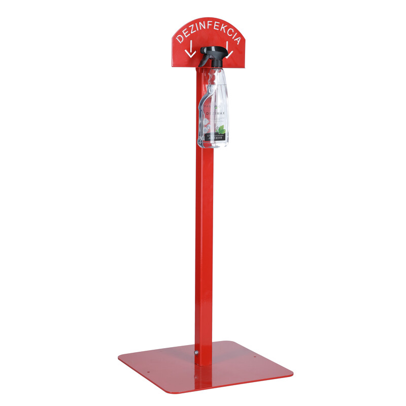 Stojan červený na dezinfekciu rúk s dezinfekčným prostriedkom DEZIMAX, 500 ml