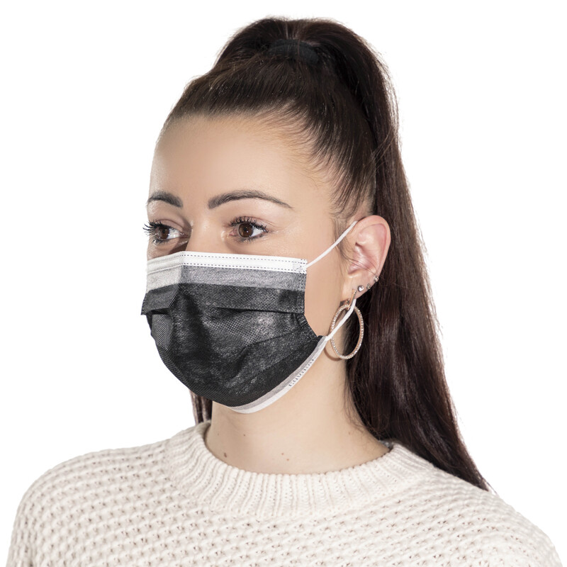 Rúška na tvár s gumičkou – chirurgické sivočierne, 50 ks