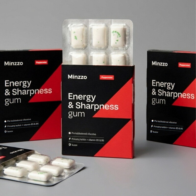 Kofeínové žuvačky s vitamínmi B5 a B6 Minzzo, 9 ks
