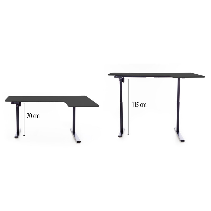 Výškovo nastaviteľný stôl UNIZDRAV 160x110 cm, čierny – pravý roh
